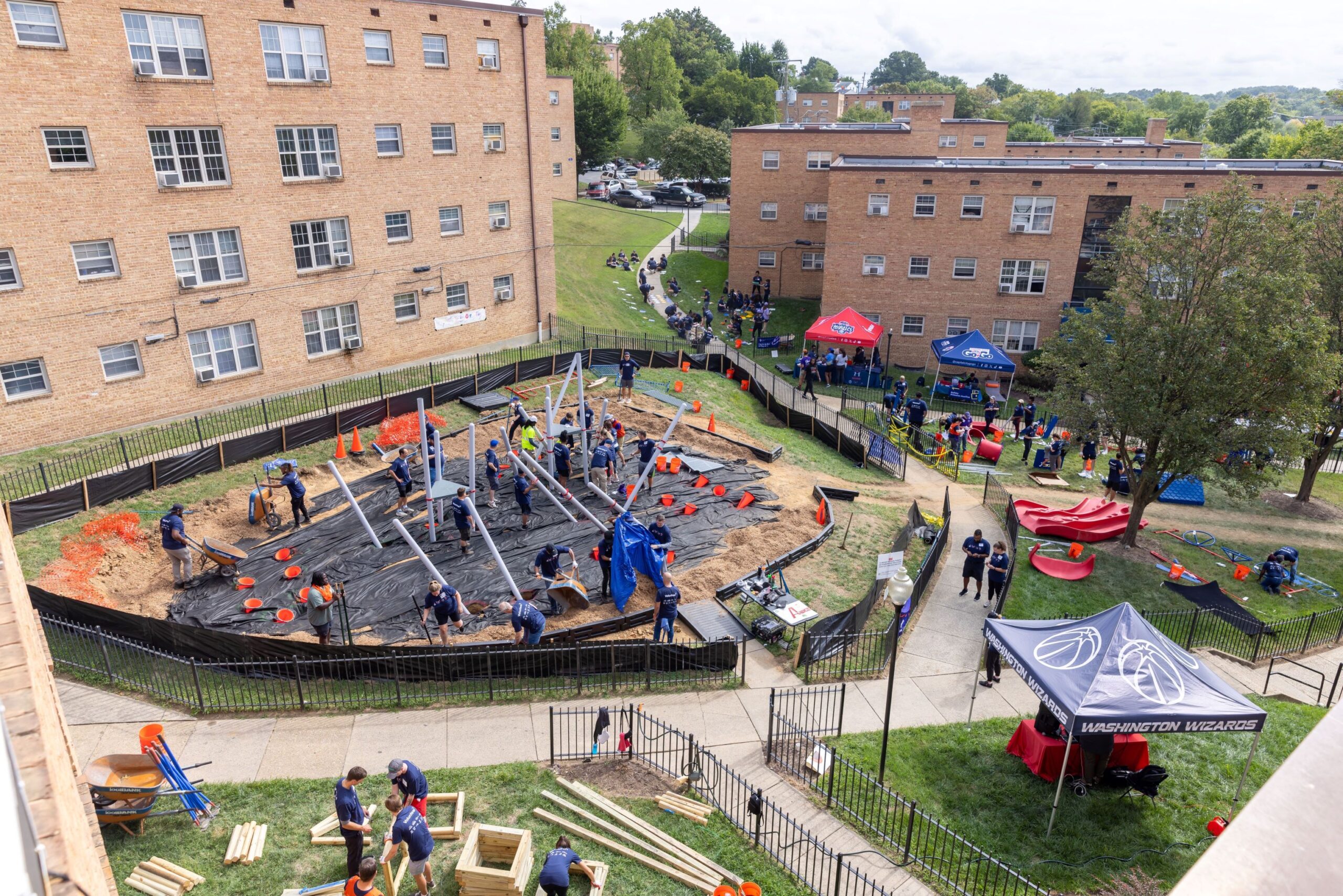 aerial photo of playground being built at Huntwood Courts community